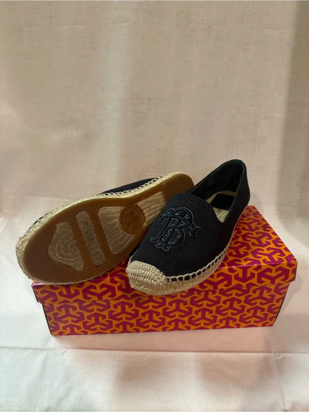 Tory Burch Dawson Espadrille Herring Embroidered Logo Navy Size 7